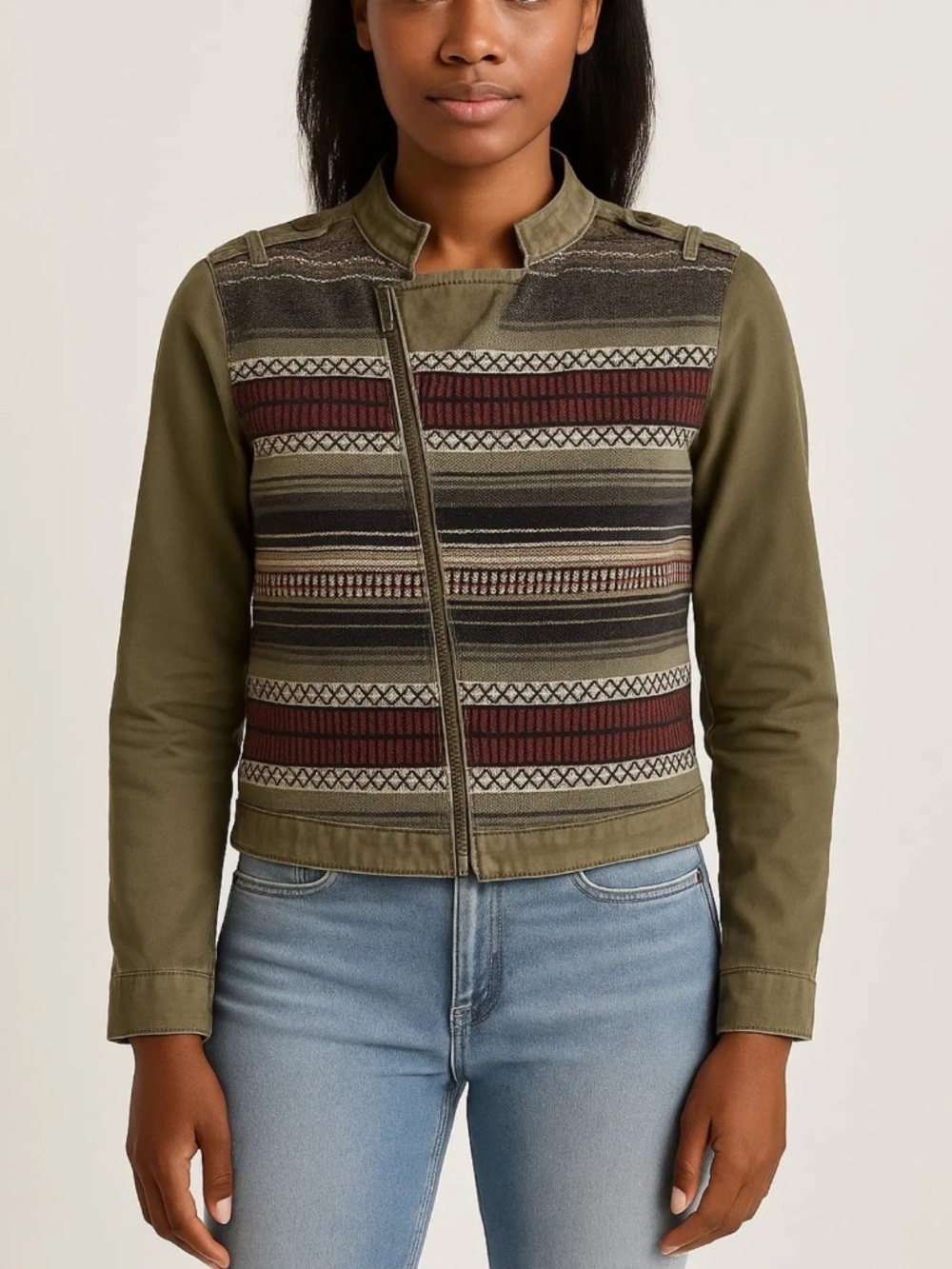 Southwestern Aztec Print Olive Green Military Jacket Size XL American Eagle